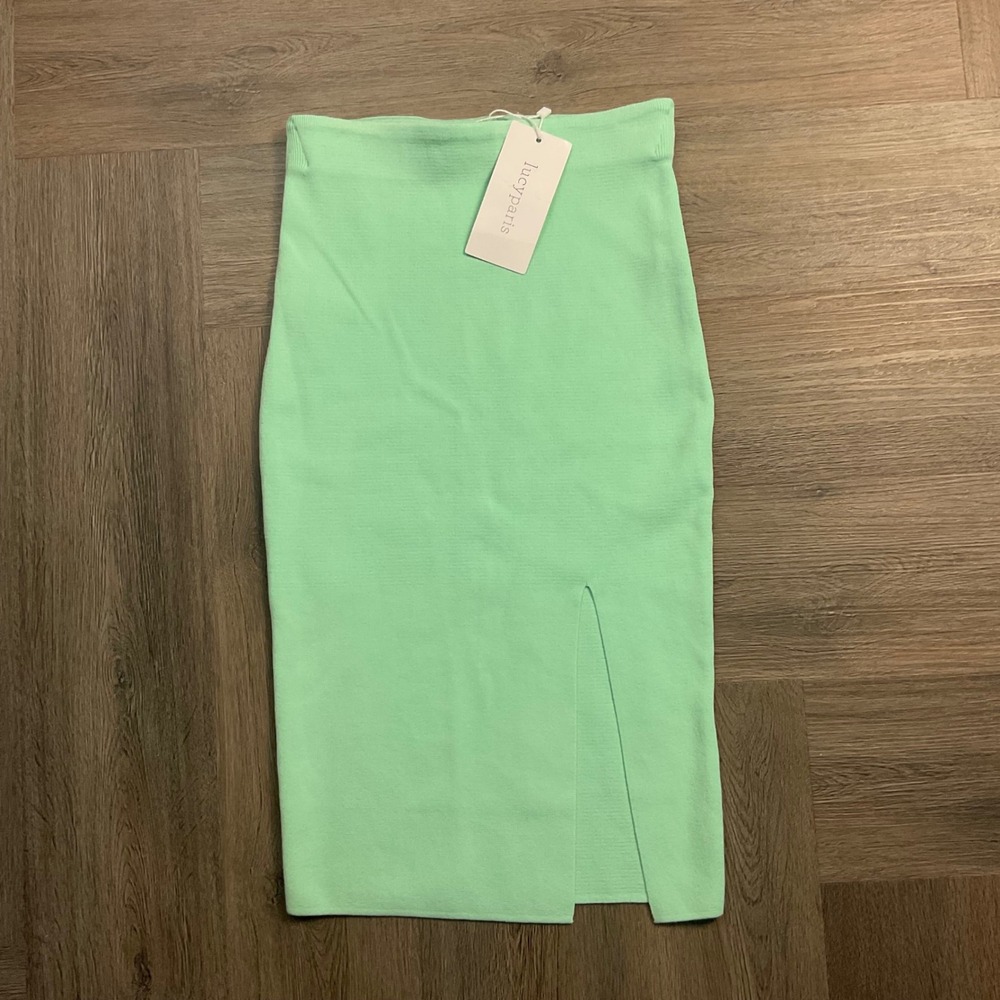 NWT Lucy Paris Ribbed Knit Midi Pencil Skirt Front Slit Womens XS Mint Green
